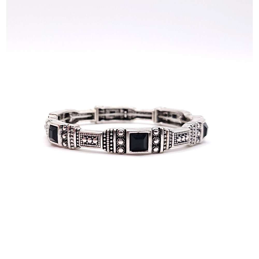 Silver Tone Art Deco Stretch Bracelet Women's Black Square Gem Vintage Style - Picture 3 of 4